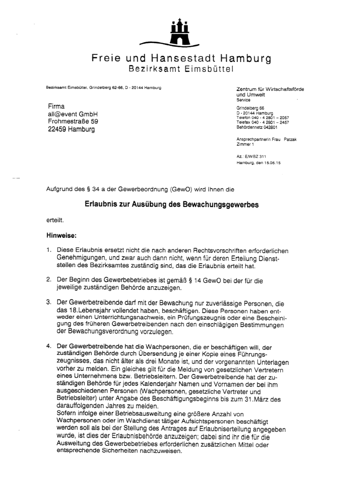 Bewachungserlaubnis nach § 34a GewO der all@event GmbH, erteilt vom Bezirksamt Hamburg-Eimsbüttel